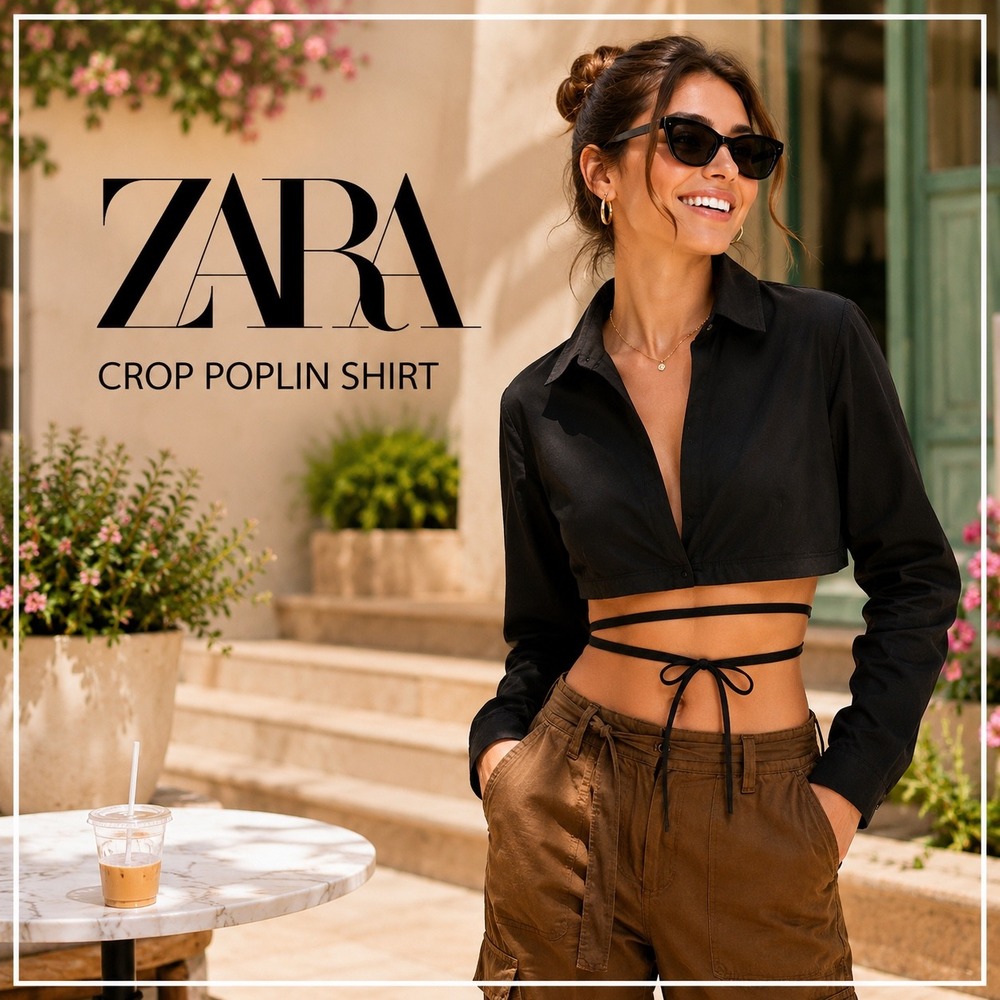 Zara Black Crop Poplin Shirt Long Sleeve Wrap Tie Waist XS EUC Collar Blouse